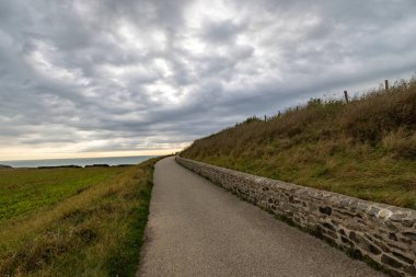Dramatik bir gökyüzünün altında arka planda okyanus olan manzaralı bir kıyı yolu huzur veren bir manzara.