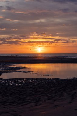 Huzurlu bir sahilde yansıtıcı suyla büyüleyici bir günbatımı. Rahatlama ve sükunet için mükemmel..