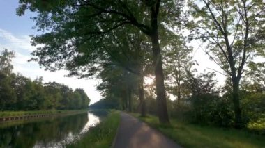 Altın saat boyunca dingin ve sakin bir kanal boyunca uzanan şaşırtıcı güzellikte ağaçların manzarası.