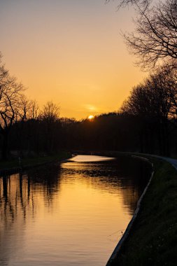 Sersemletici bir günbatımı, huzur getiren sakin bir arazide çıplak ağaçlarla çevrili sakin bir nehri yansıtır.