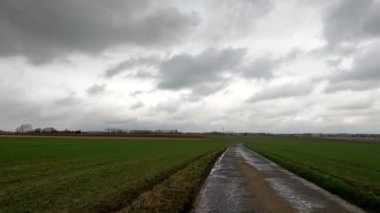 Huzurlu ve sakin bir köy yolu kasvetli, bulutlu bir gökyüzünün altında uzanıyor, kırsal güzellik ve yalnızlık sergiliyor.