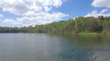 Çeşitli doğal temalı projeler için ideal, yemyeşil ağaçlar ve kabarık bulutların yer aldığı huzurlu bir göl manzarası