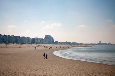 Nieuwpoort, Belçika, 5 Ekim 2024, sakin bir sahil kıyıda hafif dalgalar süzülen, uzak bir şehir silueti, açık mavi bir gökyüzünün altında