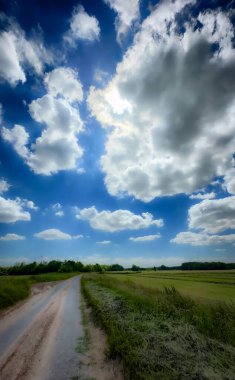 Tüylü bulutlarla bezenmiş canlı mavi bir gökyüzünün altında, yemyeşil, huzurlu bir toprak yol dolanıyor..