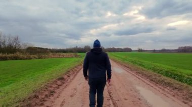 Yalnız bir birey, bulutlu bir gökyüzünün altındaki canlı yeşil tarlaların arasında çamurlu bir yolda rahatça yürüyor.