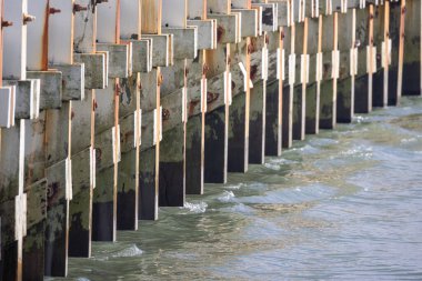 Bu, dikey ahşap direkleri olan bir iskelenin görsel tasviri. Su, güzel yansıyan desenlerle birlikte.