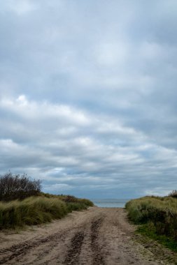 Huzurlu kumlu bir patika usulca sahile gidiyor, güzel çerçevelenmiş yemyeşil çimenler ve karamsar bir gökyüzü tepemizde