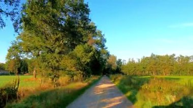 Berrak ve huzurlu bir yol. Ağaçlarla ve açık mavi gökyüzünün altında geniş tarlalarla çevrili.