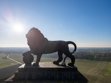 Napolyon Savaş Alanı, Waterloo, Walloon Brabant, Belçika, 4 Mart 2025 çarpıcı bir aslan heykeli mavi gökyüzüne gururla karşı duruyor, yemyeşil kırlara bakıyor.