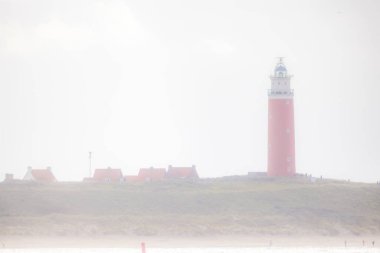 Eierland, De Cocksdorp, Texel, Hollanda, 28 Ekim 2024 kalın sisli ve çarpıcı kıyı manzarasıyla çevrili görkemli bir deniz feneri manzarası.