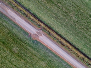 Bu görüntü, toprak bir yolun çarpıcı bir hava perspektifini yakalıyor. Canlı yeşil alanlar arasında güzel bir şekilde geçiyor.