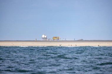 Eierland, De Cocksdorp, Texel, Hollanda, 28 Ekim 2024, uzun bir cankurtaran kulesi ve parlak, güneşli bir kıyı şeridi gösteren sakin bir sahil manzarası.