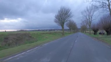 Güzel, sakin kırsal bir yolun görüntüsü. Kasvetli bir gökyüzüne kurulmuş çıplak ağaçlarla çevrili.