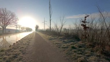 Resimli ve büyüleyici bir kış sabahı. Buzlu bir patika ve ağaçların arasından süzülen güneş ışığı.