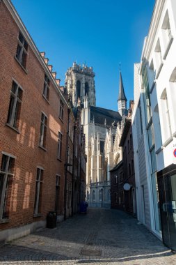 MECHELEN, Malines, Antwerp, BELGIUM, 14 Kasım 2022, büyüleyici ve resmi bir kaldırım taşı sokağı ziyaretçileri açık mavi gökyüzünün altındaki görkemli bir katedrale götürüyor.