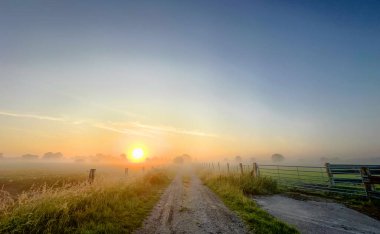Huzurlu ve güzel bir gün doğumu sisli kırsal bir yolu hafifçe aydınlatır. Derin huzur ve yalnızlık hissi uyandırır.