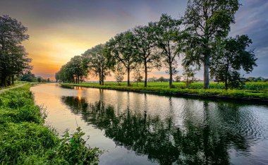 Huzurlu ve sakin bir nehir manzarası sergileniyor yemyeşil ağaçlardan oluşan bir sıra ve çarpıcı bir günbatımı yansıması