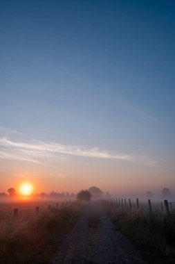 Huzurlu ve sakin bir sabah sahnesinde kirli bir patika boyunca sisli bir manzarayı aydınlatan parıldayan bir gündoğumu vardır.