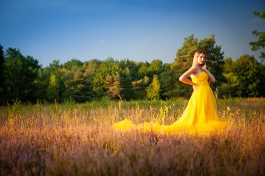 Akan sarı elbiseli çarpıcı bir kadın açık gökyüzünün altındaki renkli bir çayırda zarif bir şekilde duruyor..