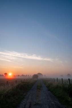 Sakin bir gün doğumu, kırsalda sisli bir yola sıcak bir ışık tutuyor. Huzur ve sükuneti çağrıştırıyor..