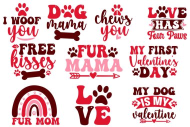 El yazısı tipografisi Köpek Bandana Sevgililer Günü demet illüstrasyon vektörü