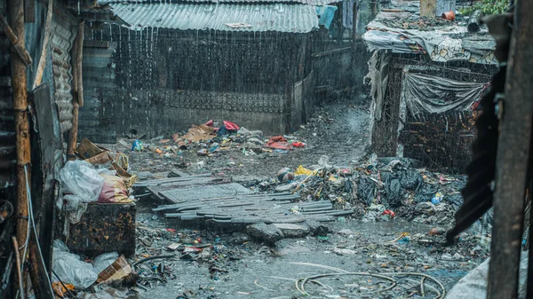 Dirty Plastic Bags Garbage Dump Land Slum Houses Rainfall — Stock Photo, Image