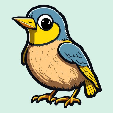 Kawaii vektör karikatür çizimi şirin Mavi Serçe kuşu. Çıkartma tasarımı.