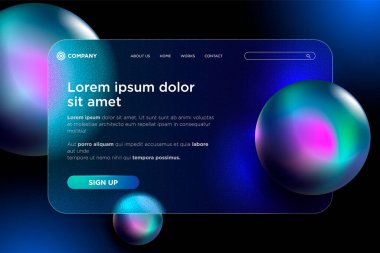Cam morfizm tarzında vektör görüntüsü. Web sitesi için saydam şablon. Buzlu cam ve küreler..
