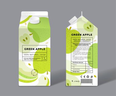 Yeşil elma suyu. Şablon paketleme tasarımı. Tam ve şeffaf meyveler..