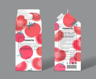 Domates suyu. Şablon paketleme tasarımı. Tam ve şeffaf meyveler..