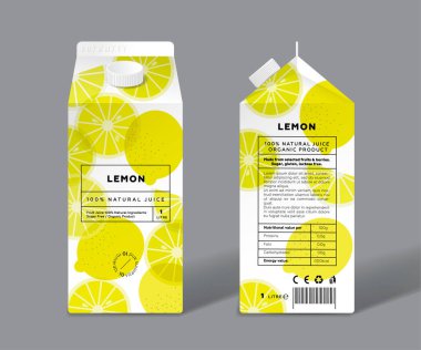 Limon suyu. Şablon paketleme tasarımı. Tam, yarım dilimler ve şeffaf meyveler..