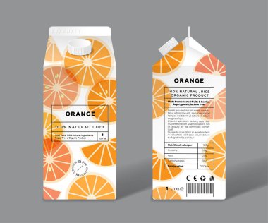 Portakal suyu. Şablon paketleme tasarımı. Şeffaf meyvelerin dilimleri ve yarıları.