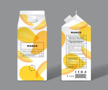 Mango suyu. Şablon paketleme tasarımı. Tam ve şeffaf meyveler..