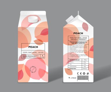 Şeftali suyu. Şablon paketleme tasarımı. Tam, yarım dilimler ve şeffaf meyveler..