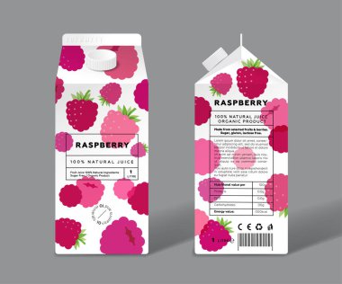 Raspberry juice. Template packaging design. Transparent berries.