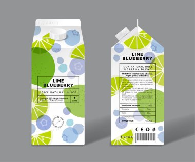 Limon ve yabanmersini suyu. Şablon paketleme tasarımı. Şeffaf meyveler, yarısı, dilimler ve böğürtlen..