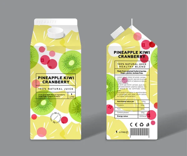Ananas Kiwi Och Tranbärsjuice Avgiftning Hälsosam Blandning Mall För Förpackningsdesign — Stock vektor
