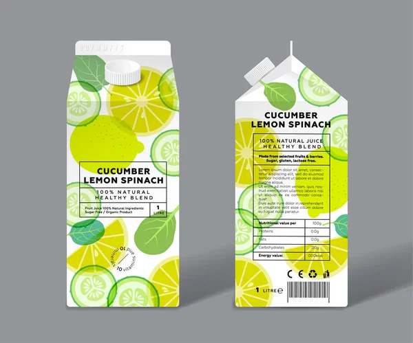 キュウリ レモンとほうれん草のデトックス 健康的なミックス テンプレートパッケージデザイン 透明な果物 緑の葉 — ストックベクタ