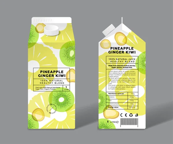 パイナップル キウイとジンジャージュース デトックス 健康的なミックス テンプレートパッケージデザイン 透明な果物とスライス — ストックベクタ
