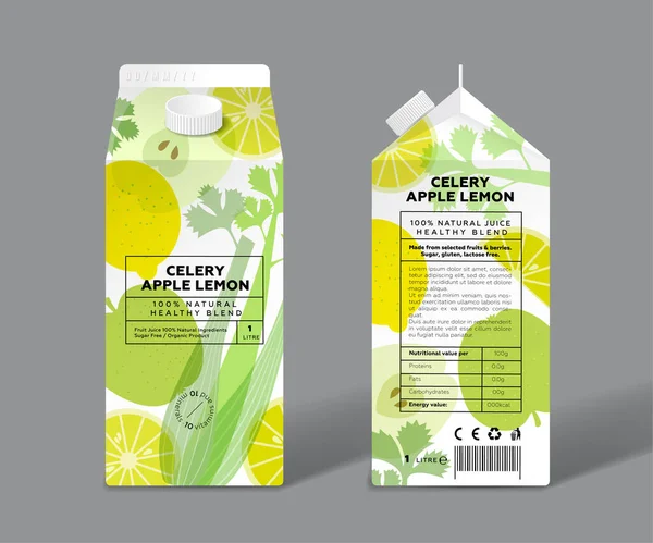 アップル レモン セリージュース デトックス 健康的なミックス テンプレートパッケージデザイン 透明な果物とハーブ — ストックベクタ