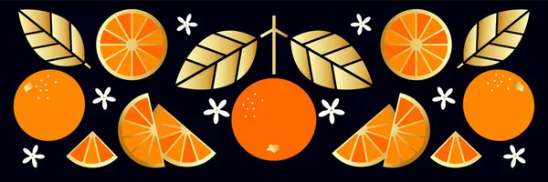 Orange Fruit Gold Leaves Small Flowers Black Background Border Frieze — Stock Vector