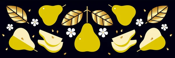 Pear Gold Leaves Small Flowers Black Background Border Frieze Fresh — Stock Vector