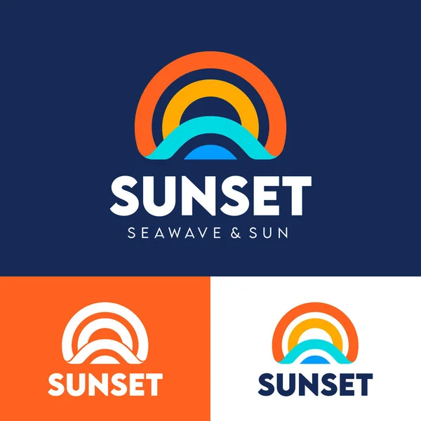 Sonnenuntergang Symbol Besteht Aus Farbstreifen Sonne Und Meereswellen Logo Identität — Stockvektor