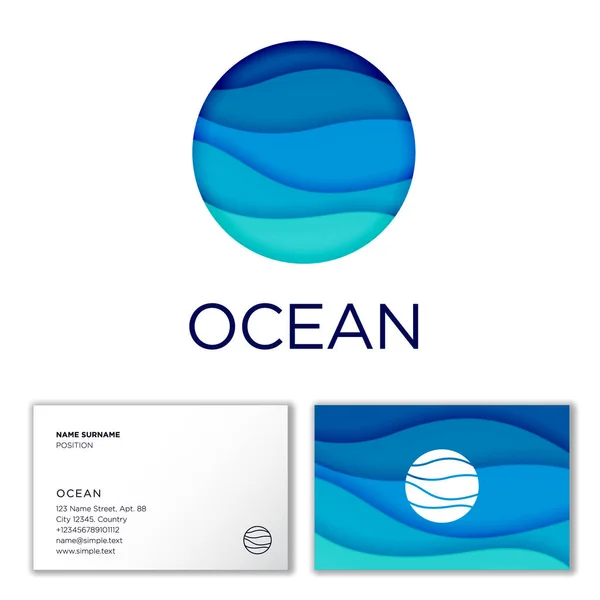 Logo Oceánu Modré Tyrkysové Vlny Kruhu Styl Návrhu Efektu Střihu — Stockový vektor