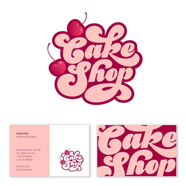 Cake Shop Logo Beautiful Lettering Glossy Caramel Letters Cherry Calligraphy — Stock Vector