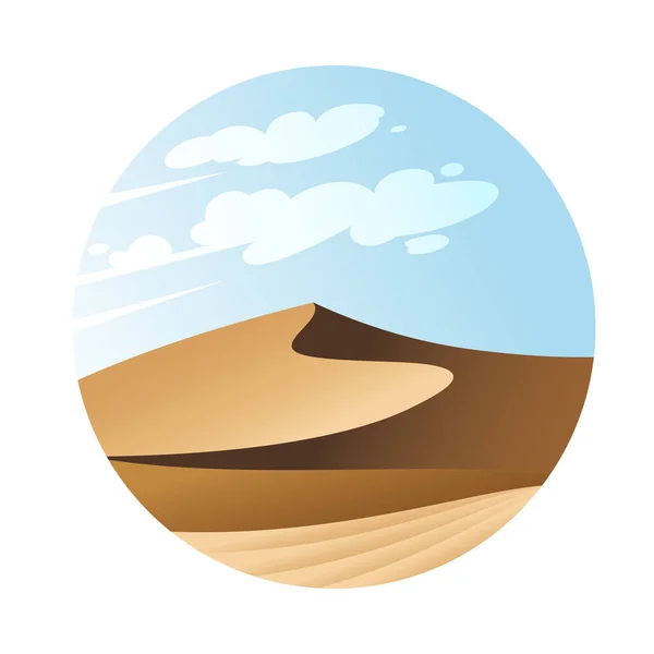 Paesaggio Deserto Una Cornice Rotonda Illustrazione Piatta Con Dune Sabbia — Vettoriale Stock
