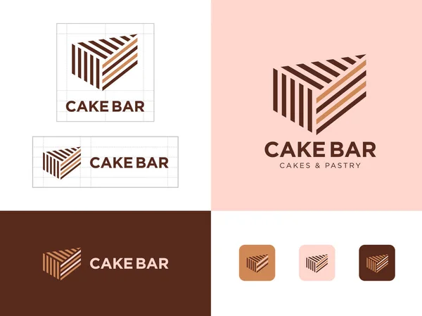 蛋糕吧标志 面包店和甜糕点标志 一块蛋糕 几层蛋糕由一些细线组成 — 图库矢量图片