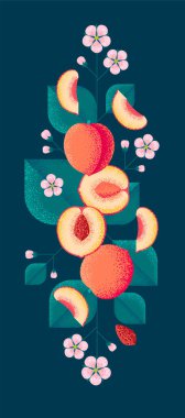 Yaprak ve çiçeklerle dolu olgun şeftaliler. Tahıl ve gürültü dokusuyla çizim. 