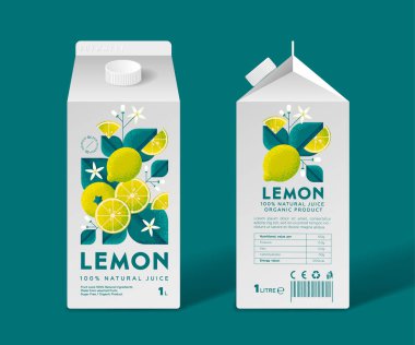 Limon suyu paketi. Yapraklı ve çiçekli elmalar. Tahıl ve Gürültü dokusu. Meyve suyu kutusunun şablonları.