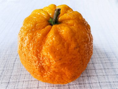 Beyaz keten bir masa örtüsü üzerinde taze taze, sulu bir portakal meyvesi. Yakın plan..